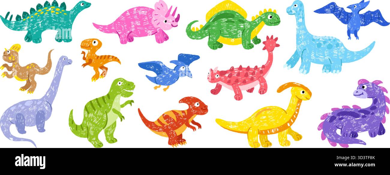 Doodle crayon Dino. Bambini che disegnano dinosauri, vari personaggi dei cartoni animati. Matita colorata o gesso mostri disegnati a mano, recettori neoterici origi Illustrazione Vettoriale