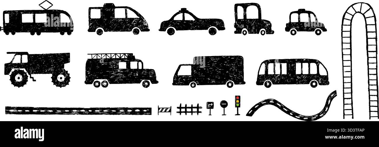 Disegna a matita elementi stradali. Camioncino, autobus, tram e taxi disegnati a mano silhouette nere. Segnaletica stradale, grunge way e ferrovia. Design per bambini Illustrazione Vettoriale