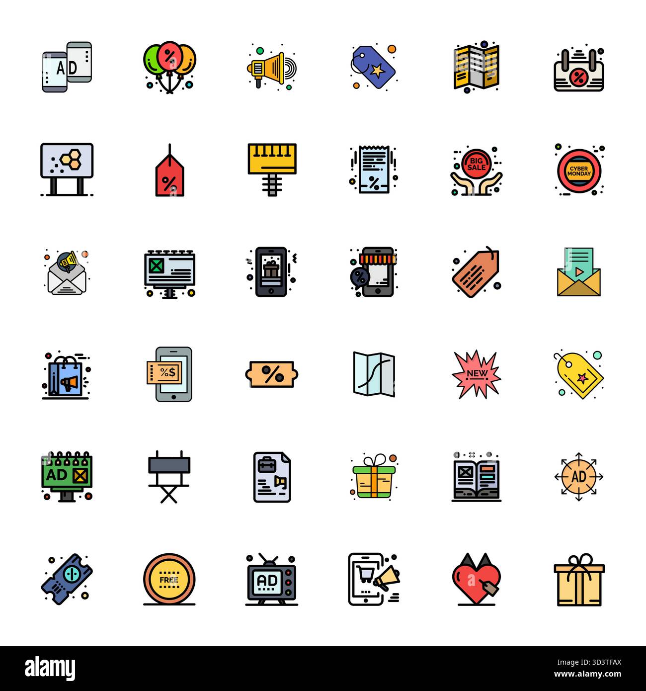 Collezione esclusiva di 36 icone vettoriali con riempimento di linea per promozioni, sviluppate con risoluzione 256x256 in griglia per esperienze di marca di livello premium. Illustrazione Vettoriale