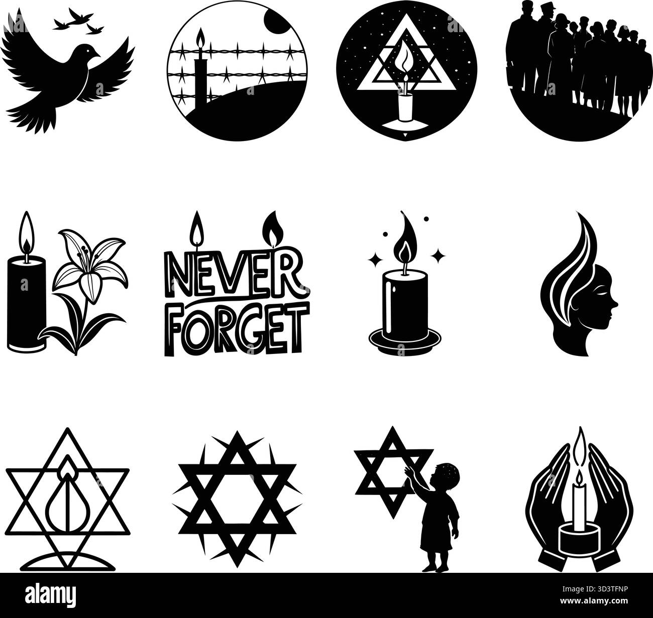 Collezione di cupe icone grafiche in bianco e nero che rappresentano la perdita della memoria e la tragedia storica Illustrazione Vettoriale