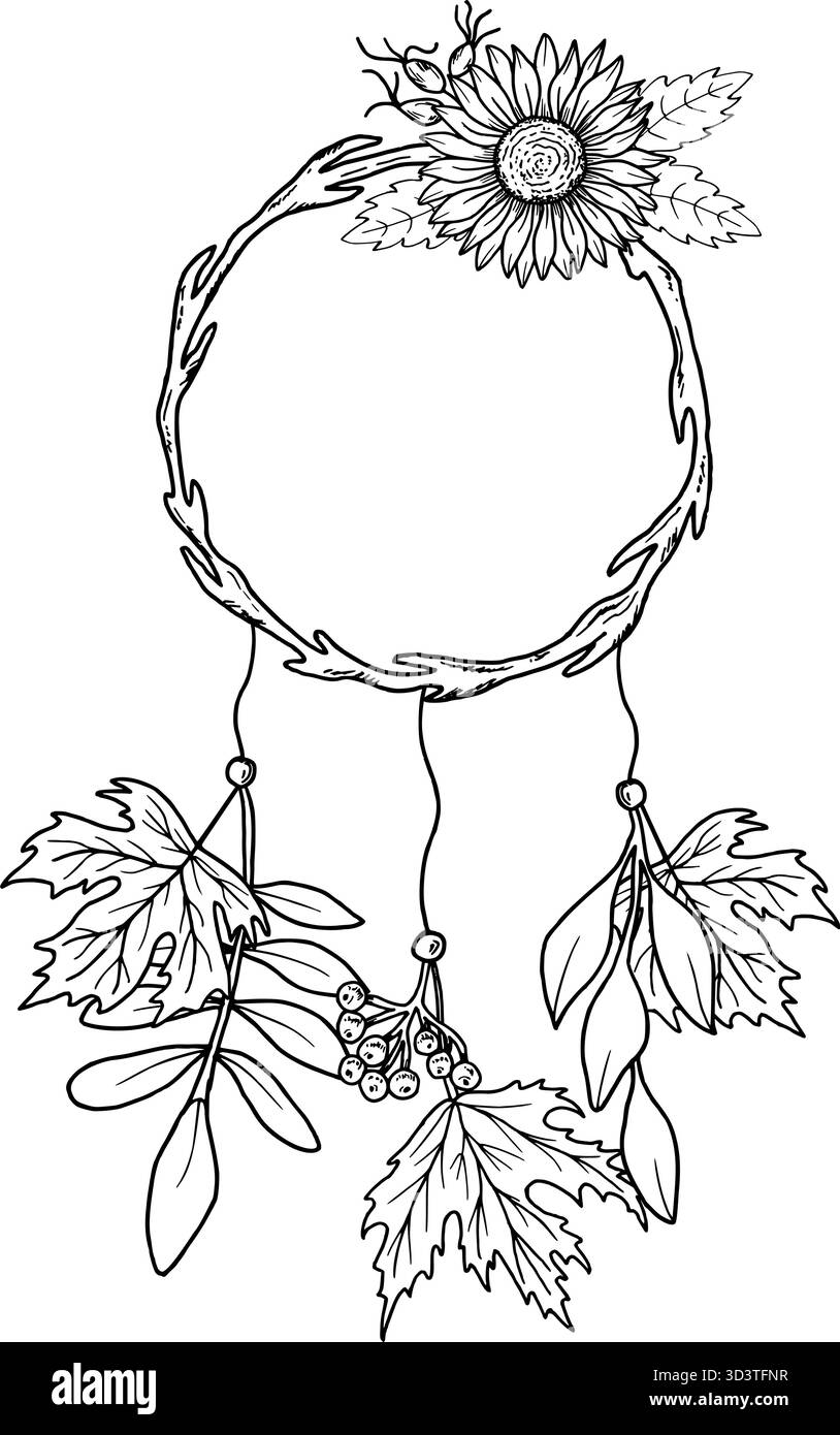 Cornice in legno con frutti di bosco e foglie d'acero, girasoli e rosa fianchi. Illustrazione del vettore botanico disegnata a mano. Grafica con linee nere. Autunno Illustrazione Vettoriale