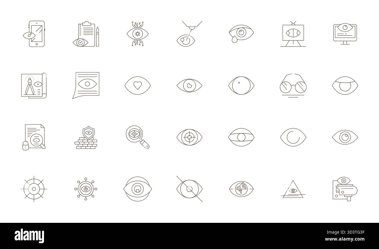 Un set versatile di 28 icone vettoriali Thin Line Grid montate su Eye, fornite in formato Retina Ready, ideale per applicazioni mobili e Web. Illustrazione Vettoriale