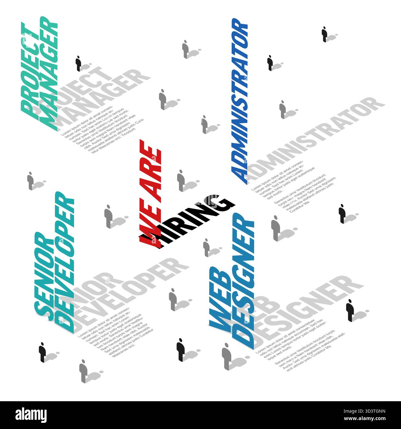 Volantino per l'assunzione con testo stilizzato per vari ruoli professionali, come Project Manager, Amministratore, Senior Developer e Web Designer. Questo siamo Hiri Illustrazione Vettoriale