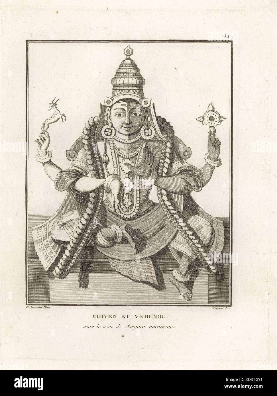 Gli dei indù Shiva e Vishnu si unirono sotto il nome di Shankara Narayana. La figura è metà bianca e metà blu. Chiven et Vichenou sous le nom de Sangara Narainem. Incisione su copperplate di Jean-Baptiste Marie Poisson dopo un'illustrazione di Pierre Sonnerat dal suo Voyage aux Indes Orientales et à la Chine (viaggio nelle Indie Orientali e Cina, Dentu, Parigi, 1806. Foto Stock