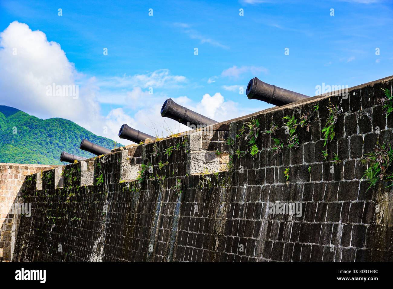 Batteria di cannoni nella cittadella della fortezza di Brimstone Hill, patrimonio dell'umanità dell'UNESCO a Saint Kitts, nei Caraibi Foto Stock