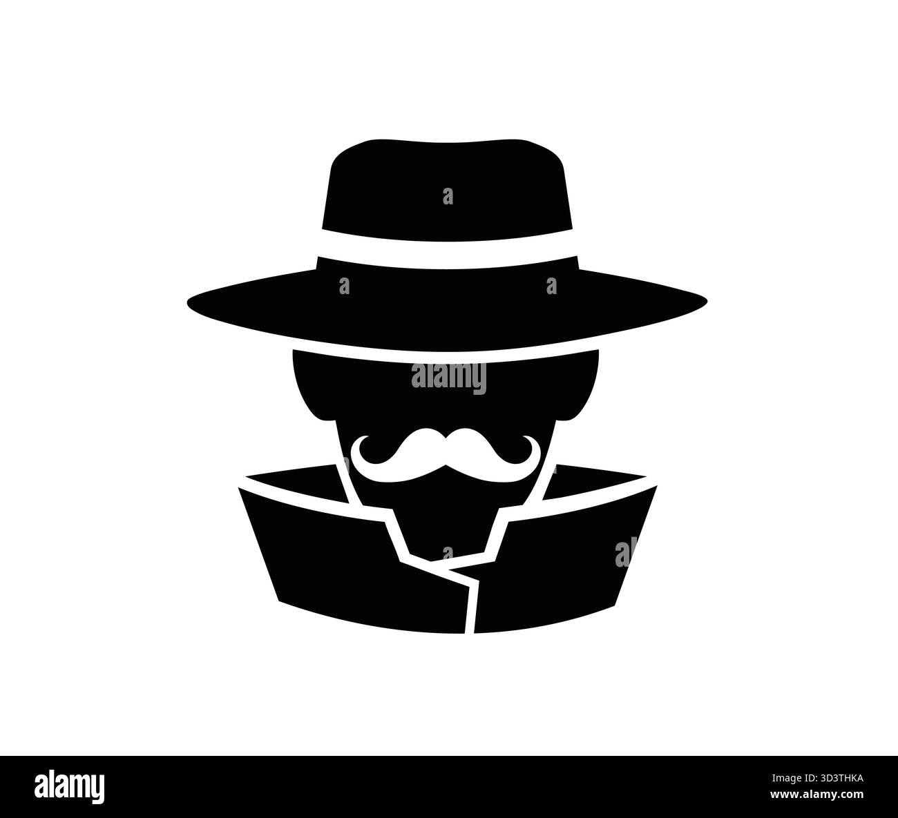 Icona nera della silhouette di un detective o di un agente segreto con cappello Fedora e baffi al manubrio. Illustrazione Vettoriale