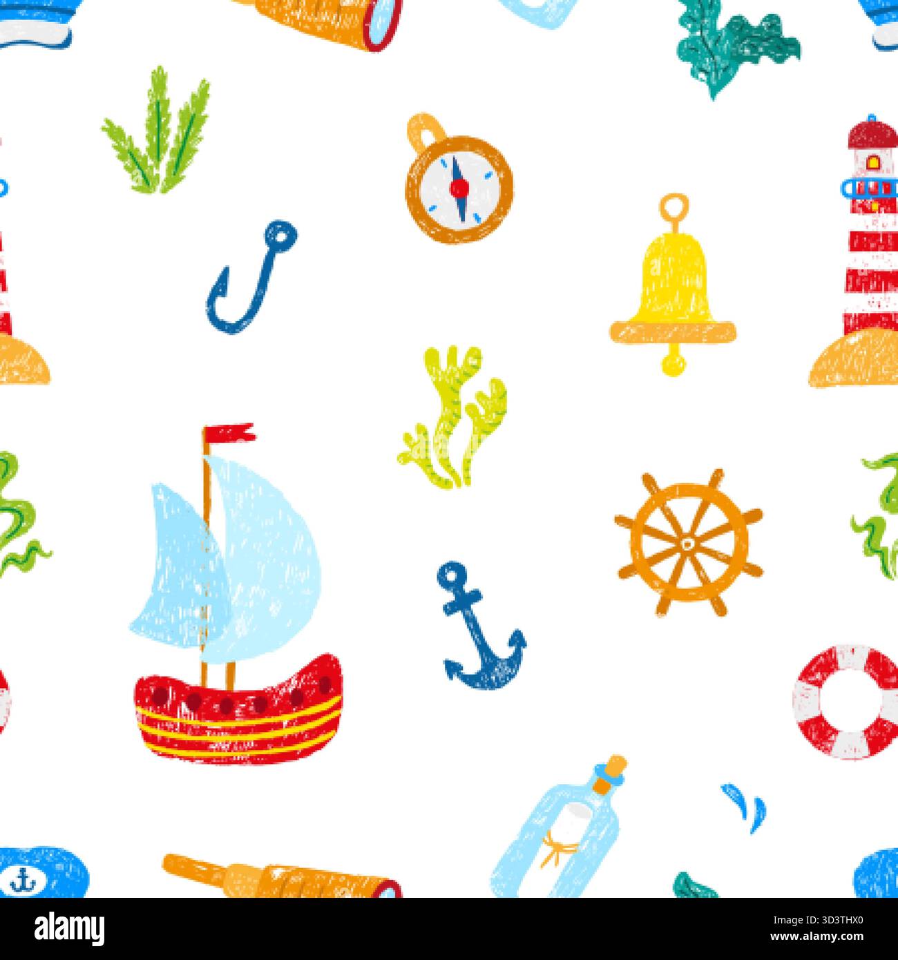 Elementi nautici. Ancorante a bussola per navicella da disegno per pastelli. Faro in stile bambini e lettera in bottiglia. Avventure sull'oceano pirata, sfondo vettoriale Illustrazione Vettoriale