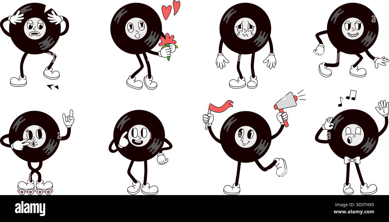 Carattere retrò in vinile. Mascotte vinilica da record varie pose ed emozioni. Simbolo della musica in amore, cantare e sui rulli. Negozio musicale Groovy vec. Neoterico Illustrazione Vettoriale