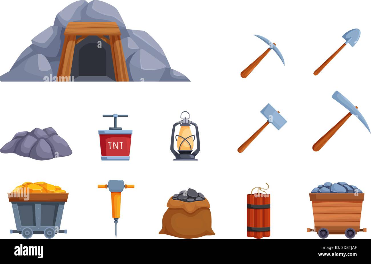 Attrezzature da miniera. Martello di raccolta per pala cartoni animati, dinamite e sacchetto di carbone. Carrello con barre dorate, icone degli strumenti minerari isolati. Ingresso in grotta, sapid Vector se Illustrazione Vettoriale