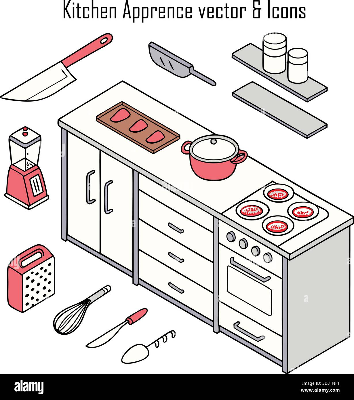 Modern Kitchen Apparel Collection: Grembiuli, fuochi da forno e cappelli da chef Illustrazione Vettoriale