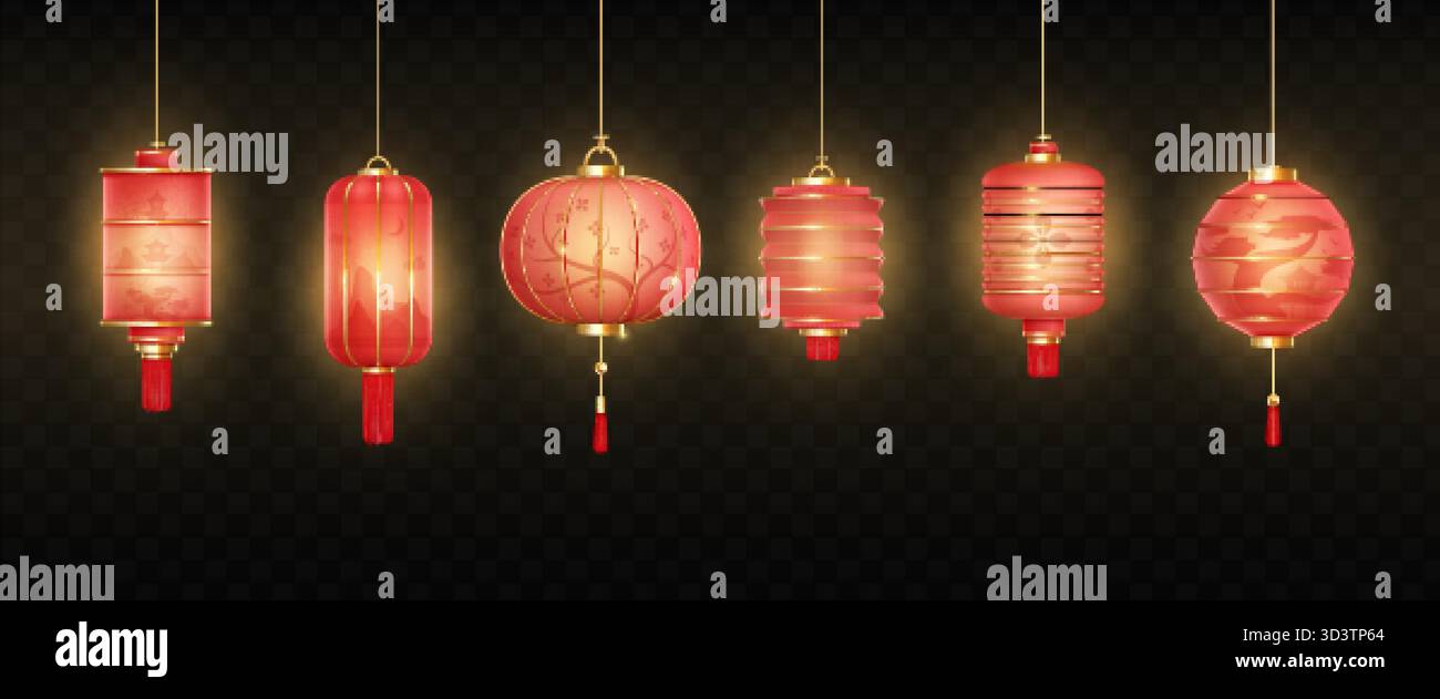 Lanterne cinesi realistiche. Lanterna bagliore giapponese isolata su sfondo trasparente, lampada di carta festiva festa di Capodanno festa all'aperto Illustrazione Vettoriale