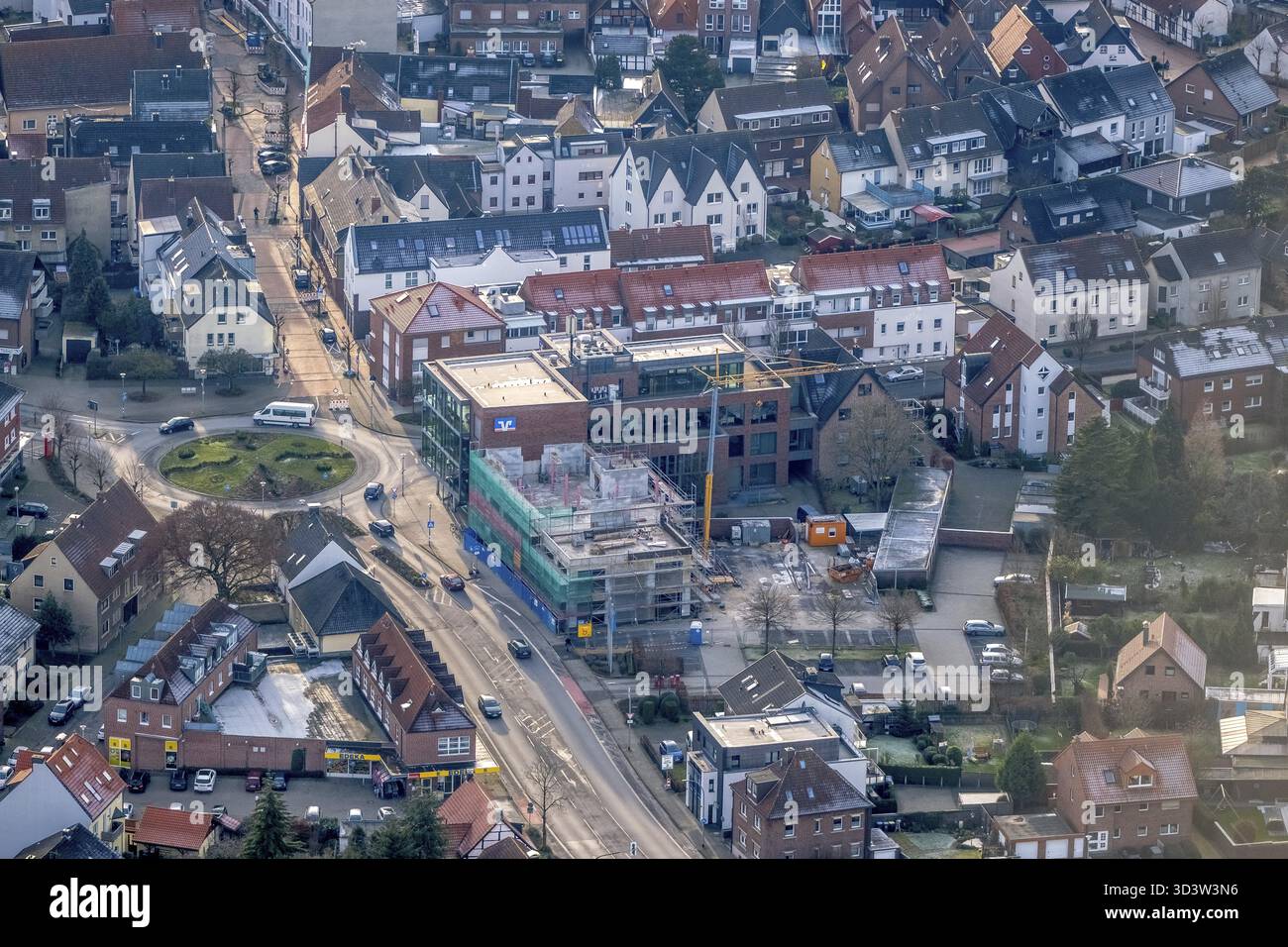 Vista aerea, centro città, Volksbank Haltern, ad esempio - sede centrale, Raiffeisenplatz, cantiere edile, Muensterstrasse, Haltern am SEE, Renania settentrionale-Westph Foto Stock