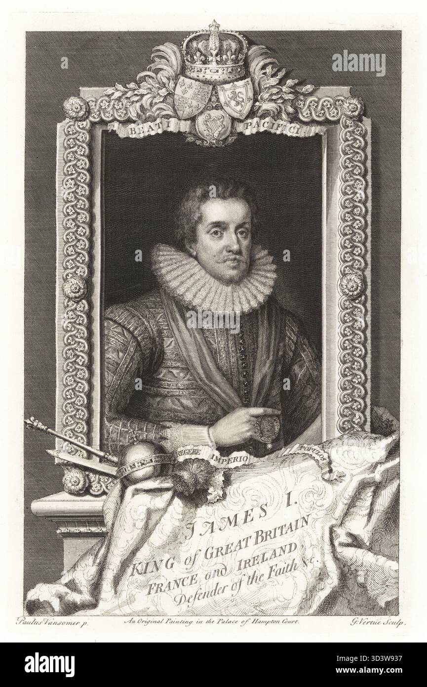 Giacomo vi e io, re di Scozia e Inghilterra, 1566-1625. Giacomo i, re di Gran Bretagna, Francia e Irlanda. Ritratto del re con colletto in pizzo, doppietto in broccato, con nervature dell'ordine della Giarrettiera. ORB, scettro, spada, cardo sotto. Da un dipinto all'Hampton Court Palace. Incisione Copperplate disegnata e incisa da George Vertue dai suoi Heads of the Kings of England, proprio per la storia di Mr Rapin, tradotta da N. Tindal, stampata per James, John e Paul Knapton, Londra, 1736. Foto Stock