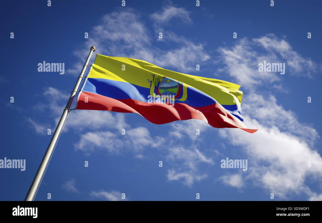 Bella bandiera nazionale dell'Ecuador che fluttua sullo sfondo del cielo. Disegno 3D con bandiera Ecuador primo piano ad angolo basso Foto Stock