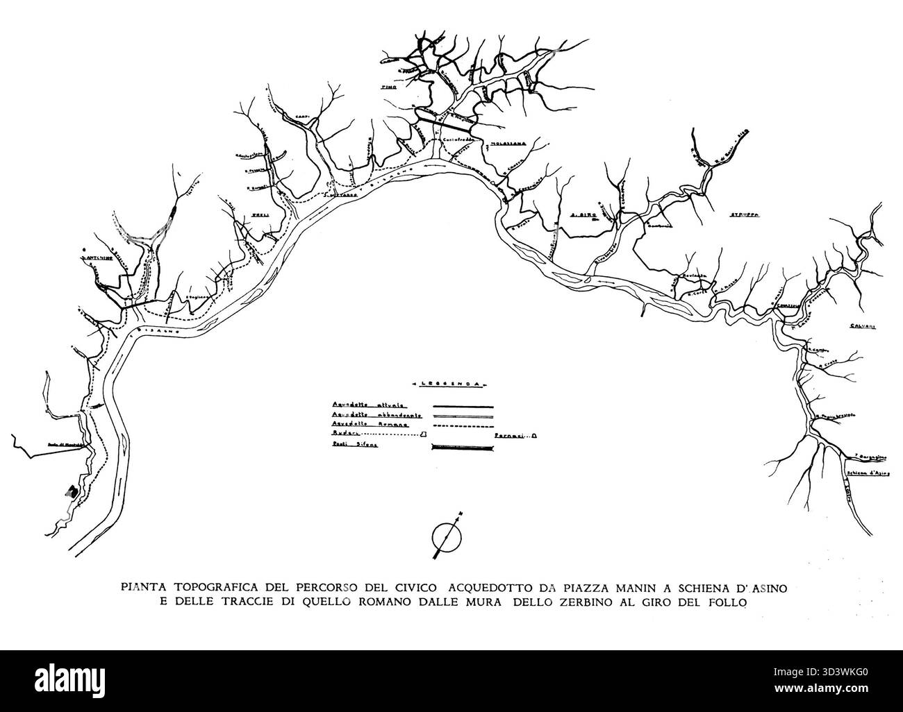 Questa mappa illustra lo storico acquedotto di Genova, in Italia, mostrando la topografia del sistema idrico che un tempo riforniva la città di acqua nel XX secolo. Foto Stock