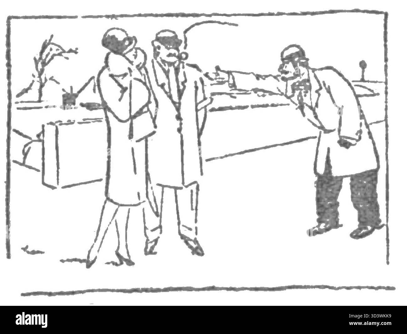 Questa illustrazione tratta dal libro polacco *Tajemnicza misja pana Dumphry* del 1924 cattura una scena significativa nella narrazione. L'opera d'arte trasmette l'atmosfera inquietante e sospettosa della storia. Foto Stock