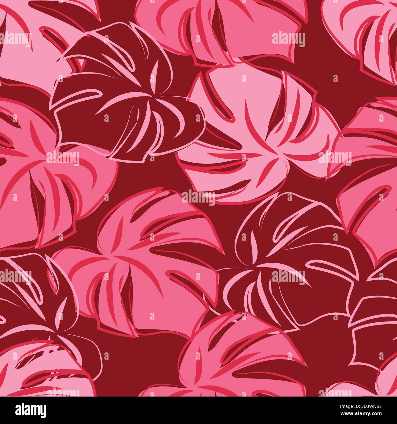 Illustrazione vettoriale a foglia tropicale Monstera, tonalità rosse monocromatiche disegnate a mano, san valentino, banner Web, carta da parati, tessuto Illustrazione Vettoriale