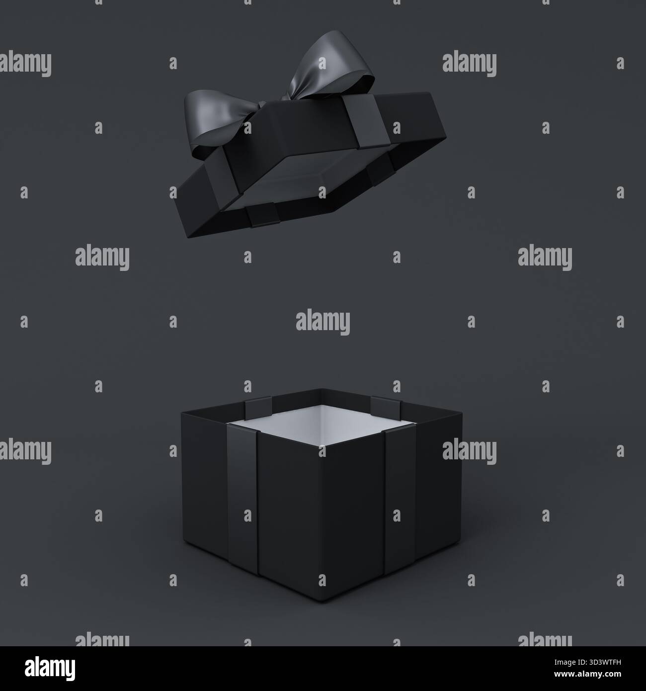 Confezione regalo nera con apertura vuota o confezione regalo nera con nastri neri e arco isolato su sfondo scuro con rendering 3D concettuale minimo Foto Stock