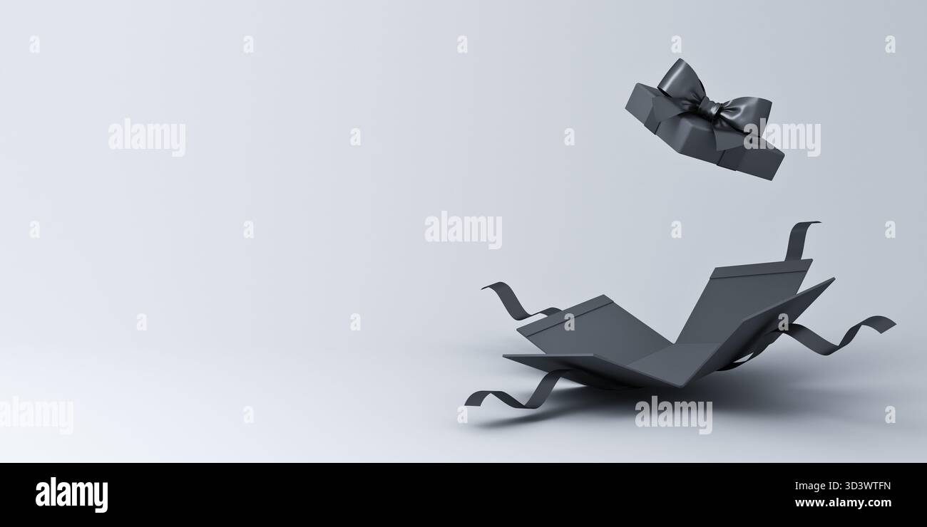 Confezione regalo vuota aperta nera o confezione regalo con nastri neri e arco isolato su sfondo grigio bianco con rendering 3D concettuale minimo Foto Stock
