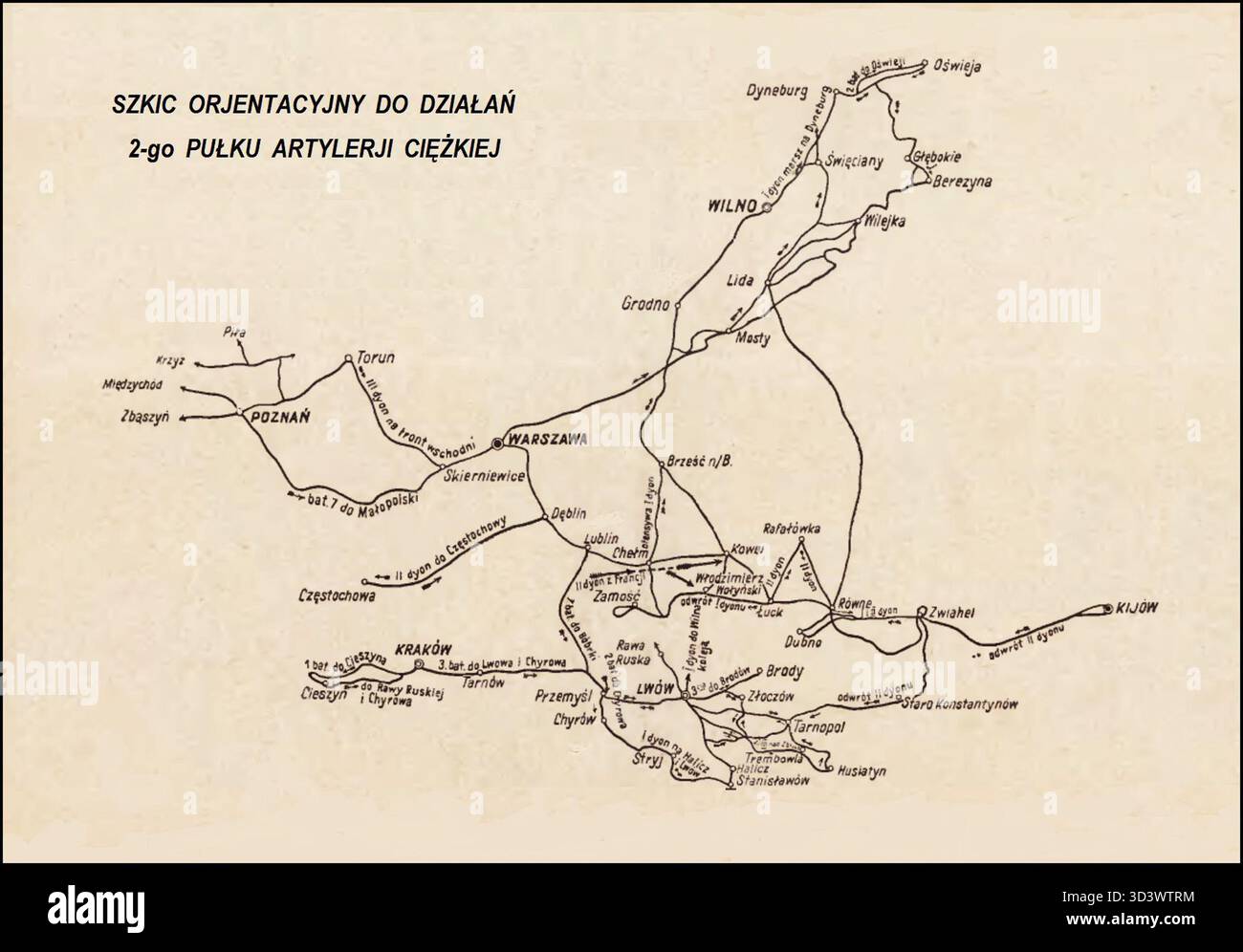 Uno schema del 1929 per il 2nd Light Artillery Regiment della seconda Repubblica di Polonia, che delinea la struttura e la strategia dell'unità militare. Foto Stock