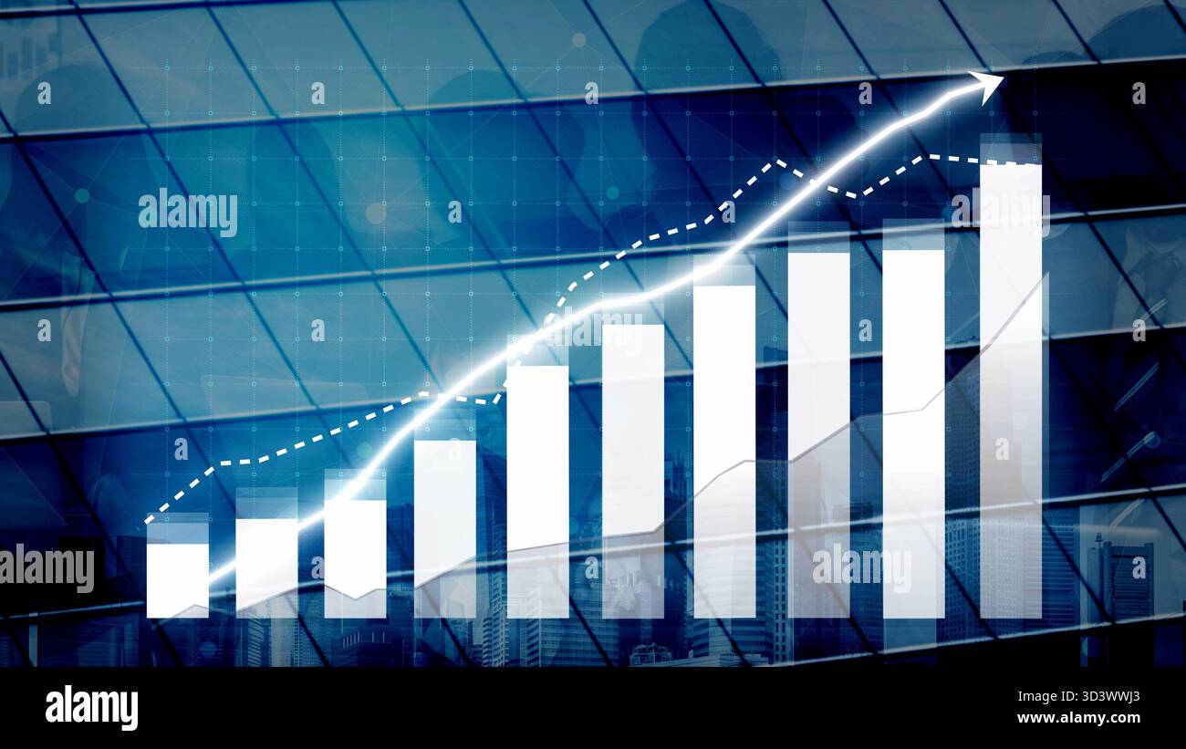 Questa immagine mostra un grafico dinamico di crescita aziendale con una freccia rivolta verso l'alto su un moderno sfondo in vetro, che simboleggia il successo finanziario e. Foto Stock