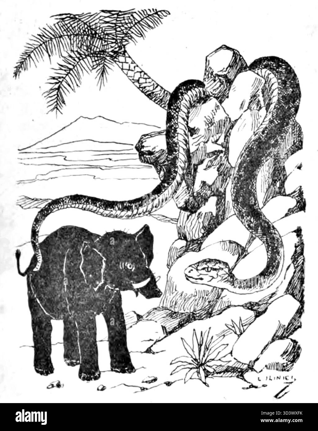 Un'illustrazione tratta da 'Takie sobie bajeczki' (1922), pagina 053, di un artista anonimo. Accompagna la narrazione di Kipling, fornendo una rappresentazione visiva degli eventi della storia. Foto Stock