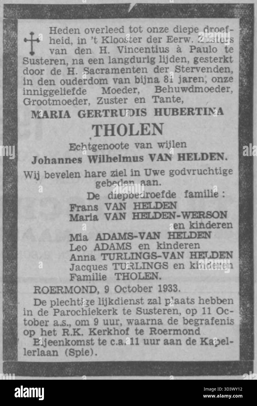 Questo necrologio di Maria Gertrudis Hubertina Tholen è stato pubblicato nel *Limburger Koerier* il 10 ottobre 1933. Riflette un momento significativo nella storia locale e nella memoria personale. Foto Stock