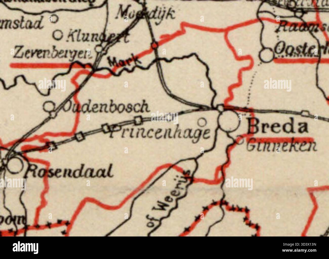 Questa mappa del 1888 del distretto di KiesDistrict (distretto elettorale) di Breda nei Paesi Bassi mostra l'organizzazione delle regioni elettorali per l'elezione dei membri alla camera dei rappresentanti olandese. Foto Stock