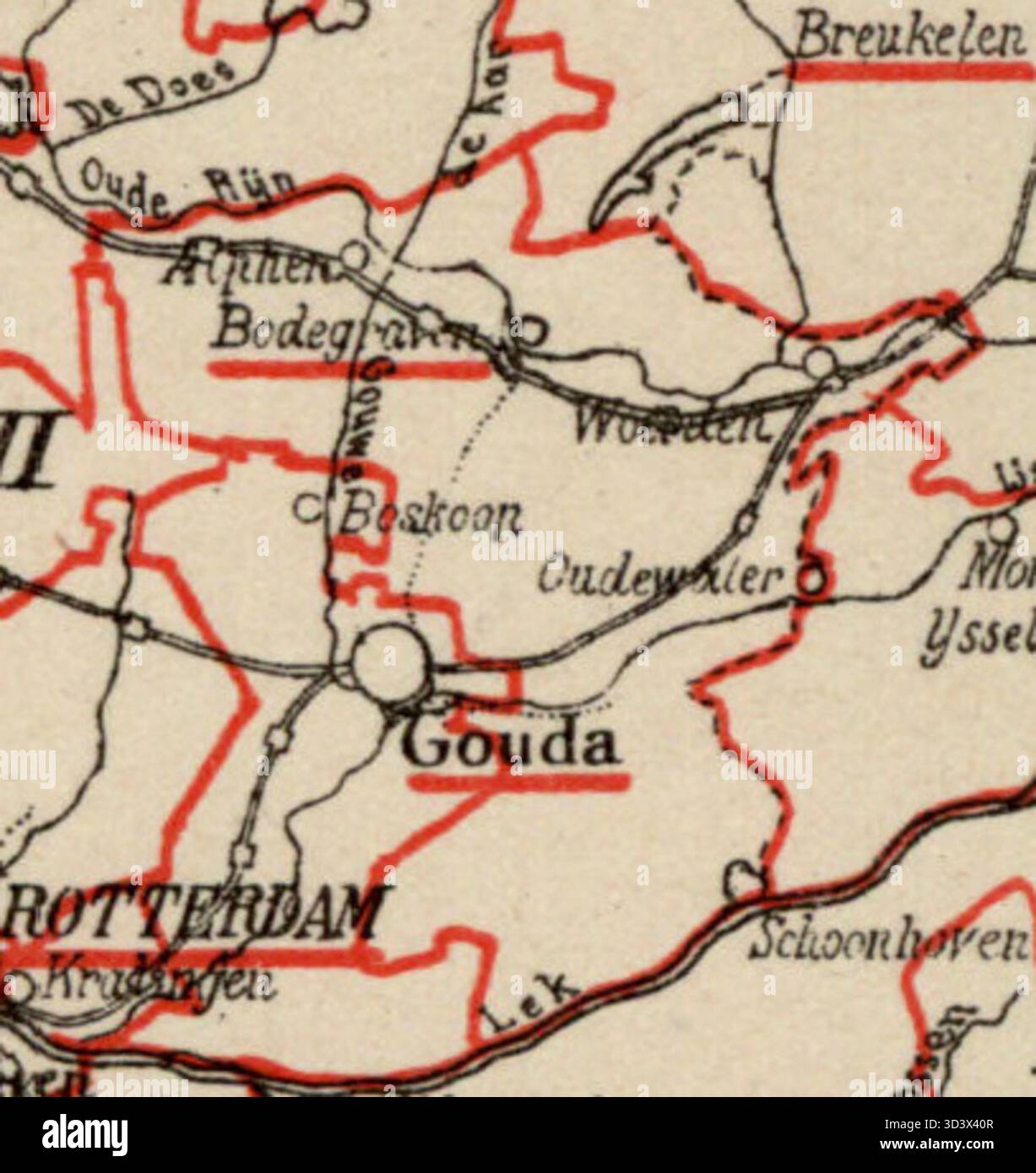 Una mappa del 1888 circa del distretto di KiesDistrict (distretto elettorale) di Bodegraven nei Paesi Bassi, che illustra la struttura delle regioni elettorali per le elezioni parlamentari olandesi in quel momento. Foto Stock