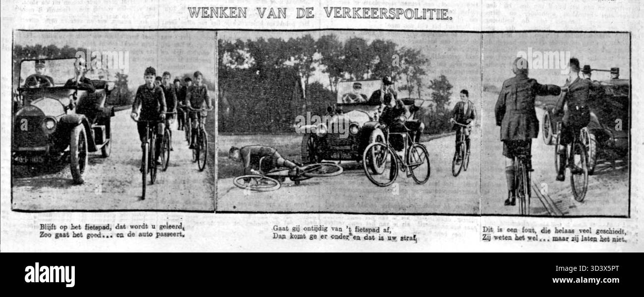 Un'immagine del 1924 che mostra i segnali della polizia stradale nei Paesi Bassi. Questa fotografia storica cattura le pratiche di controllo e regolazione del traffico all'inizio del XX secolo nelle aree urbane. Foto Stock
