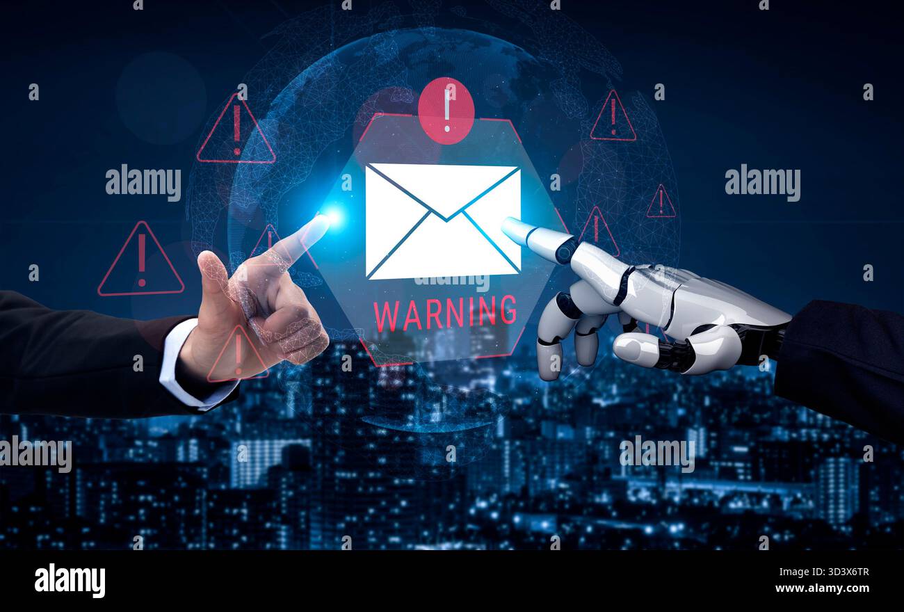L'INTELLIGENZA ARTIFICIALE supporta sistemi di posta elettronica sicuri che rilevano gli attacchi di phishing, bloccano gli allegati dannosi e rafforzano la sicurezza delle comunicazioni digitali. Analisi Foto Stock