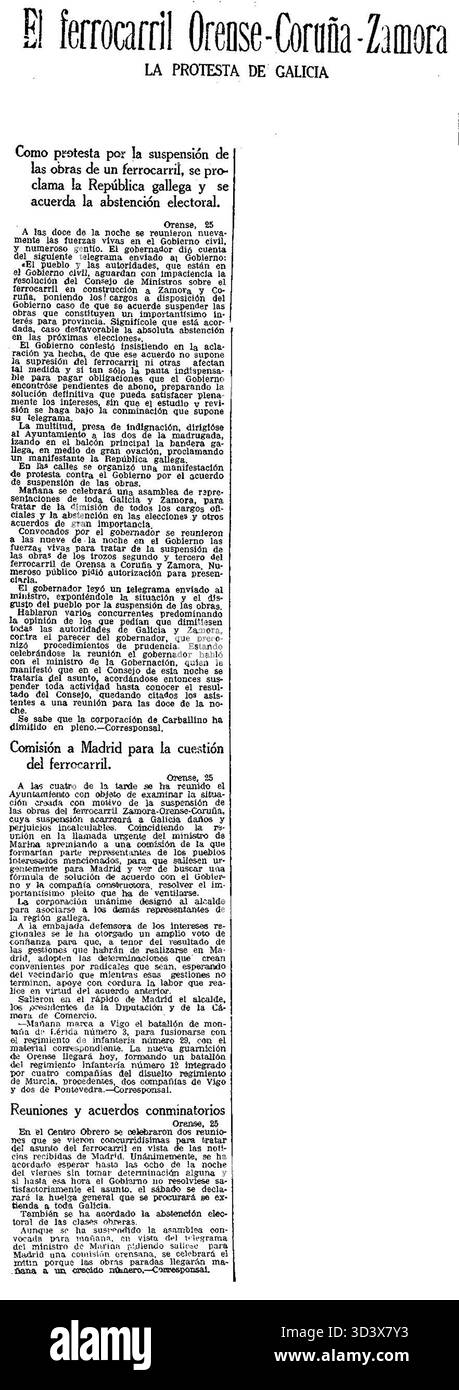 Il 26 giugno 1931, la Vanguardia ha coperto le proteste in Galizia, scatenate dalla proclamazione della Repubblica di Galizia. L'articolo si concentrava sulla crescente resistenza e mobilitazione politica nella regione. Foto Stock