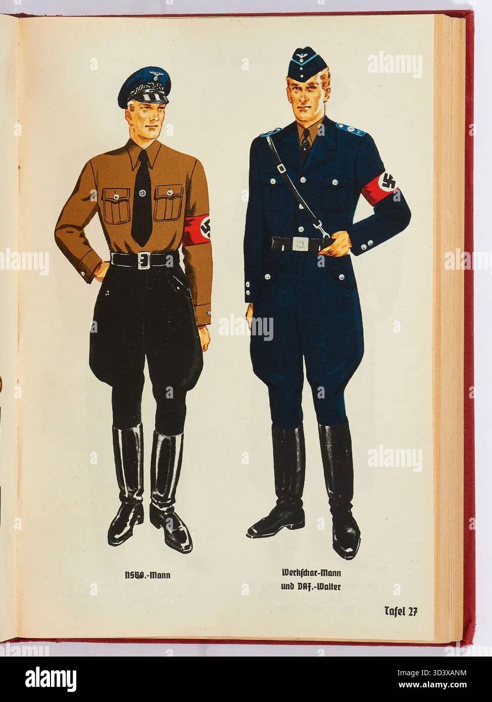 L'edizione 1938 dell'Organisationsbuch der NSDAP, il manuale ufficiale del partito nazista, descrive la struttura del partito, le uniformi e le organizzazioni paramilitari, tra cui il fronte laburista tedesco (DAF) e le unità paramilitari associate nella Germania nazista. Foto Stock