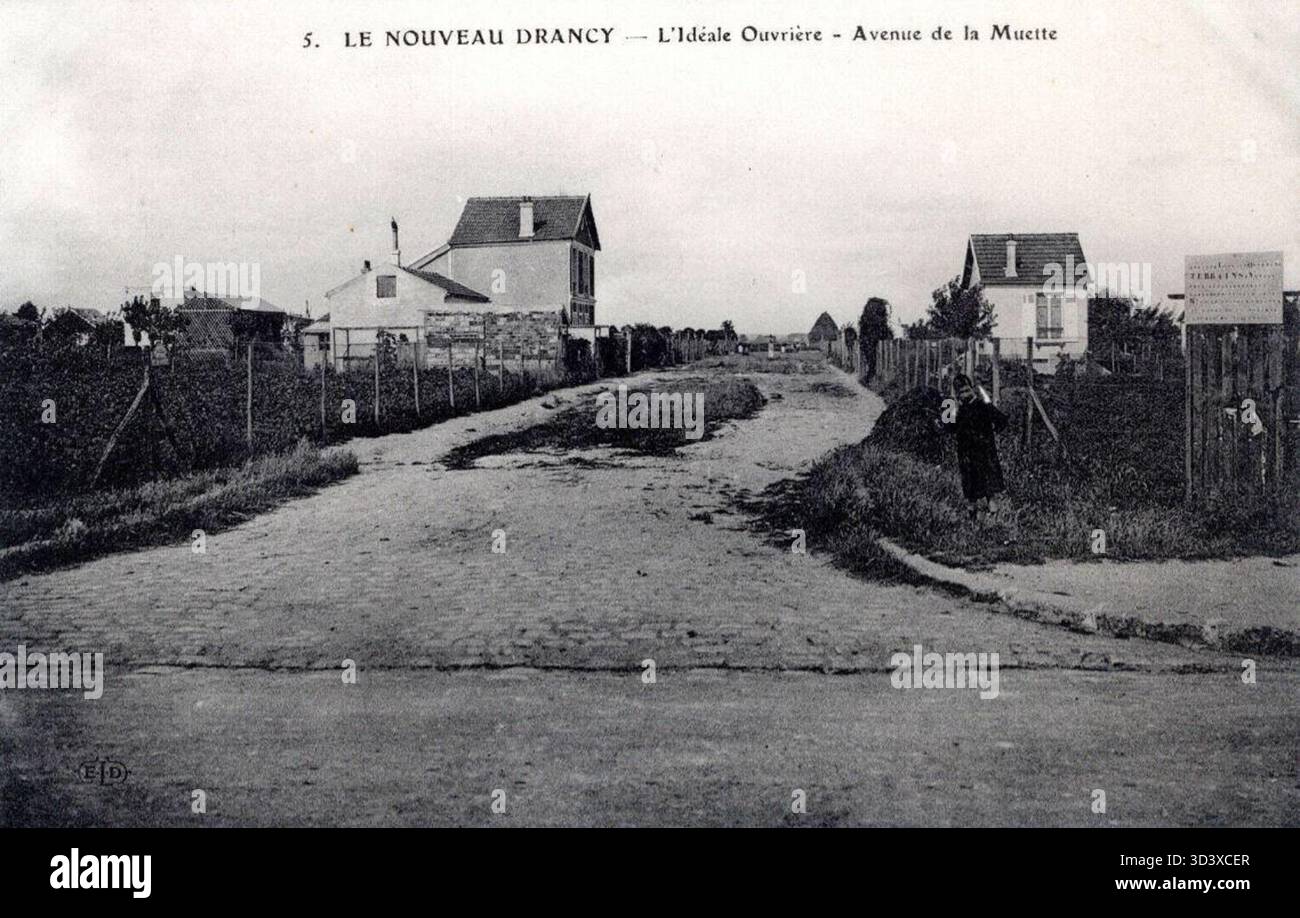 Avenue de la Muette nel quartiere Idéale Ouvrière di Nouveau Drancy, Francia, dal 1900 al 1910, raffigurante la tipica architettura del quartiere operaio dei primi anni del XX secolo. Foto Stock