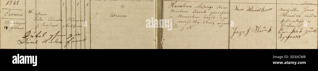 Un registro parrocchiale di Dobichov, datato 1848, che documenta la nascita e il battesimo di Anna Jahodová-Kasalová. Il record fa parte dell'archivio locale del 1831-1851 nella parrocchia di Dobichov. Foto Stock