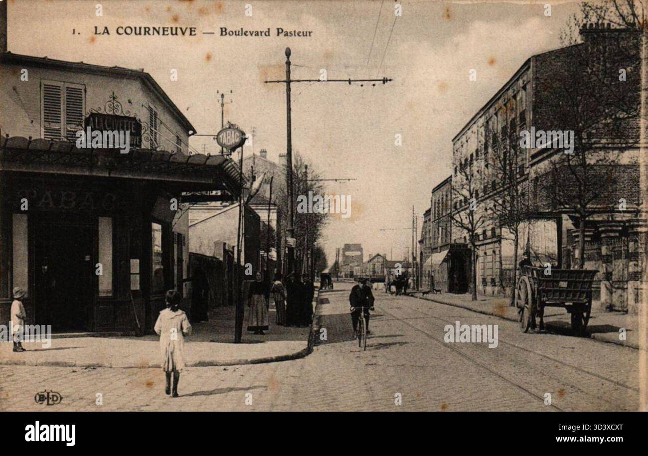 Immagine di Rue Pasteur a la Courneuve con la Civette, un luogo catturato nei primi anni '1900, che mostra la strada e le strutture circostanti. Foto Stock