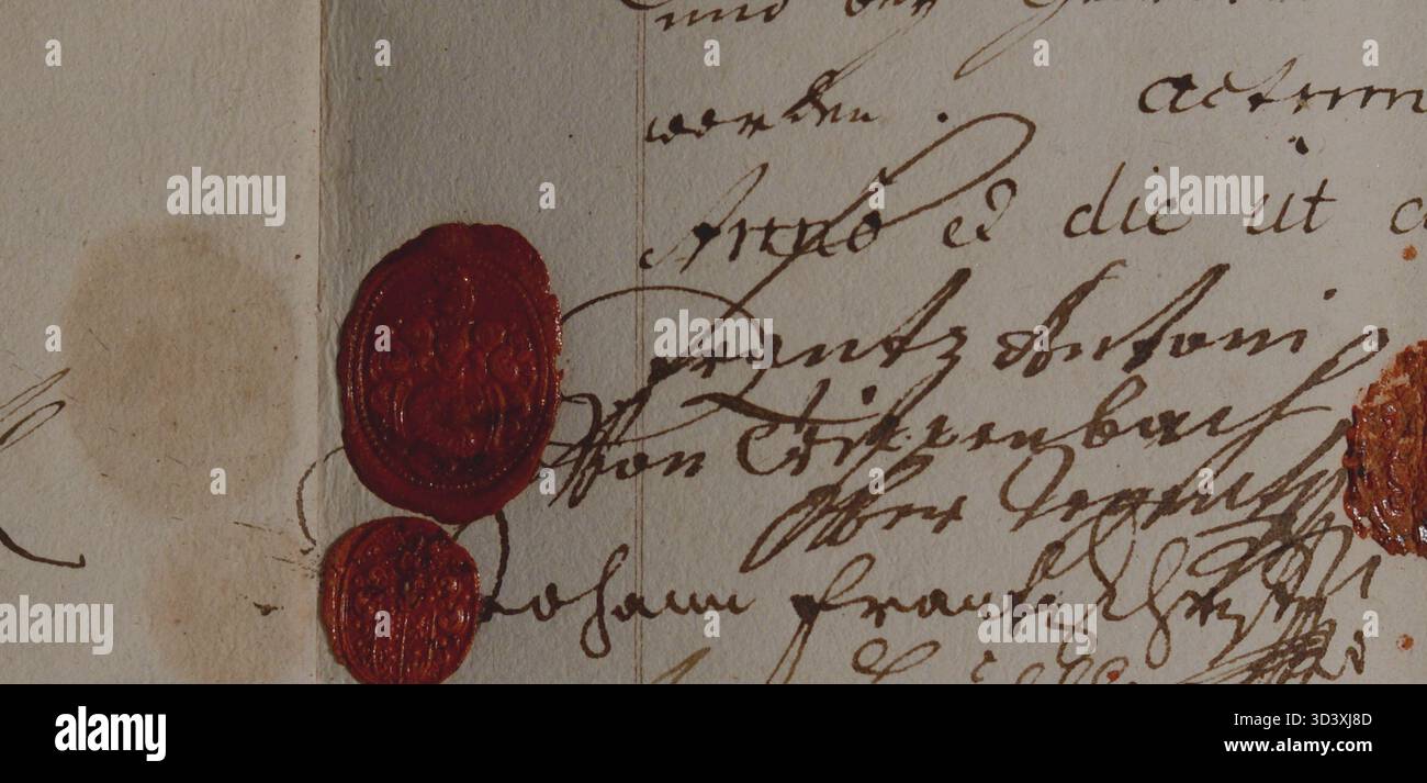 Un documento storico del 1727 che descrive in dettaglio le descrizioni dei confini tra le proprietà di Chlumec nad Cidlinou e Hluice, scritto da František Antonín von Trippenbach e conservato negli archivi di Kinský. Foto Stock