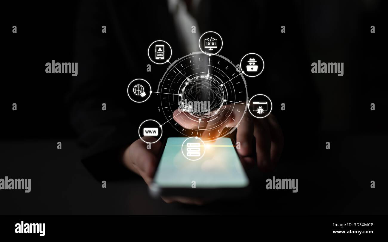 Sviluppo di software con sovrapposizioni di codifica, linguaggi di programmazione, strumenti per sviluppatori, creazione di app mobili e programmazione avanzata per prodotti digitali Foto Stock