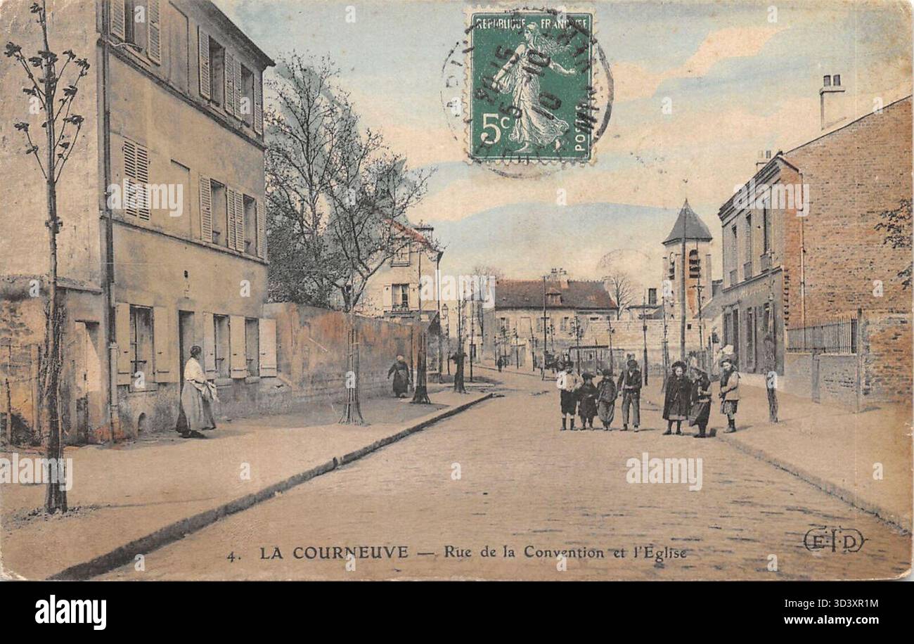 La Église (chiesa) situata in Rue de la Convention a la Courneuve nei primi anni '1900, un sito religioso e architettonico chiave della zona. Foto Stock