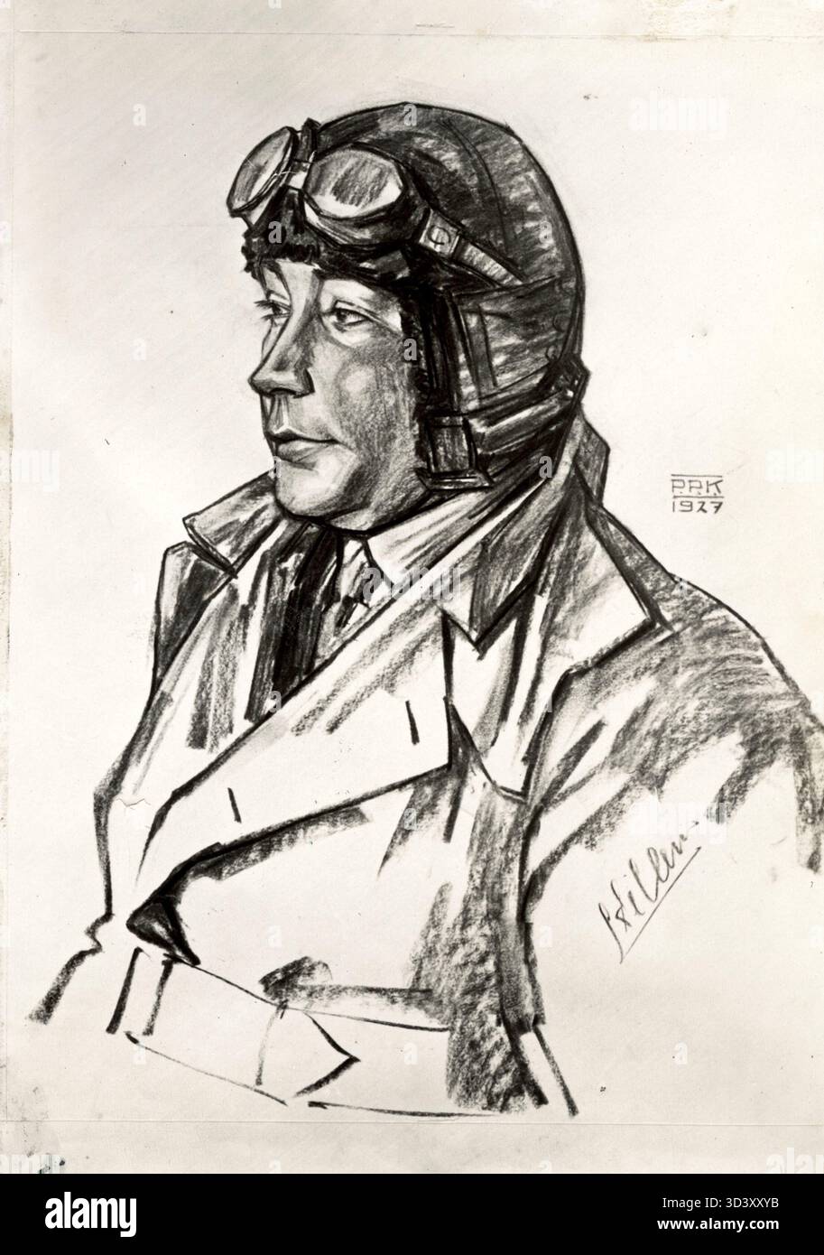 Nel 1927, l'artista P.P. Koster creò una serie di disegni raffiguranti i coraggiosi piloti della KLM. Questa particolare immagine raffigura il pilota di KLM Sillevis, con la sua firma visibile sul lato destro del disegno, che riflette lo spirito pionieristico dell'aviazione dei Paesi Bassi. Foto Stock