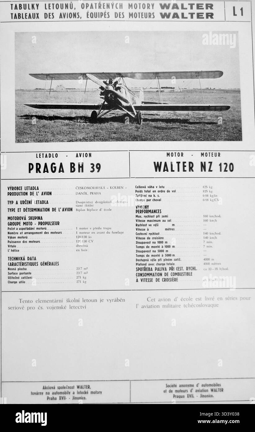 Fotografia datata 30 giugno 1933 che mostra un biplano da addestramento Praga BH-39 (e-39) equipaggiato con un motore radiale Walter NZ-120 raffreddato ad aria. Fotografo sconosciuto. Foto Stock