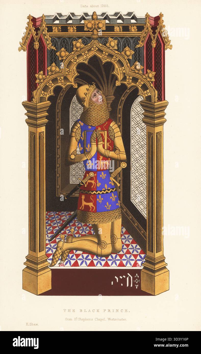Il Principe Nero, Edoardo di Woodstock, inginocchiato in preghiera, 1330-1376. Principe con casco dorato, armatura completa, surcoat con le braccia di Inghilterra e Francia. Dalla Painted Chamber nella St. Stephen's Chapel, Westminster, circa 1355. Incisione a blocchi di legno a mano di Henry Shaw dai suoi abiti e decorazioni del Medioevo dal VII al XVII secolo, William Pickering, Londra, 1843. Foto Stock