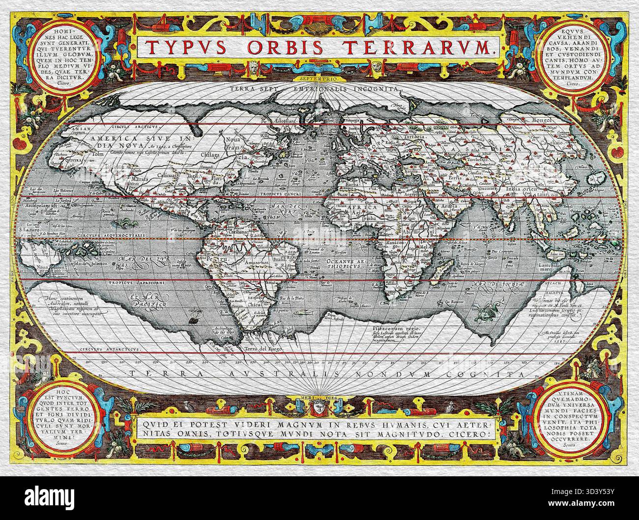 Typus Orbis Terrarum di Abraham Ortelius – Mappa del mondo del XVI secolo, 1570 Cartografia antica, primo Atlante del mondo, dominio pubblico Foto Stock