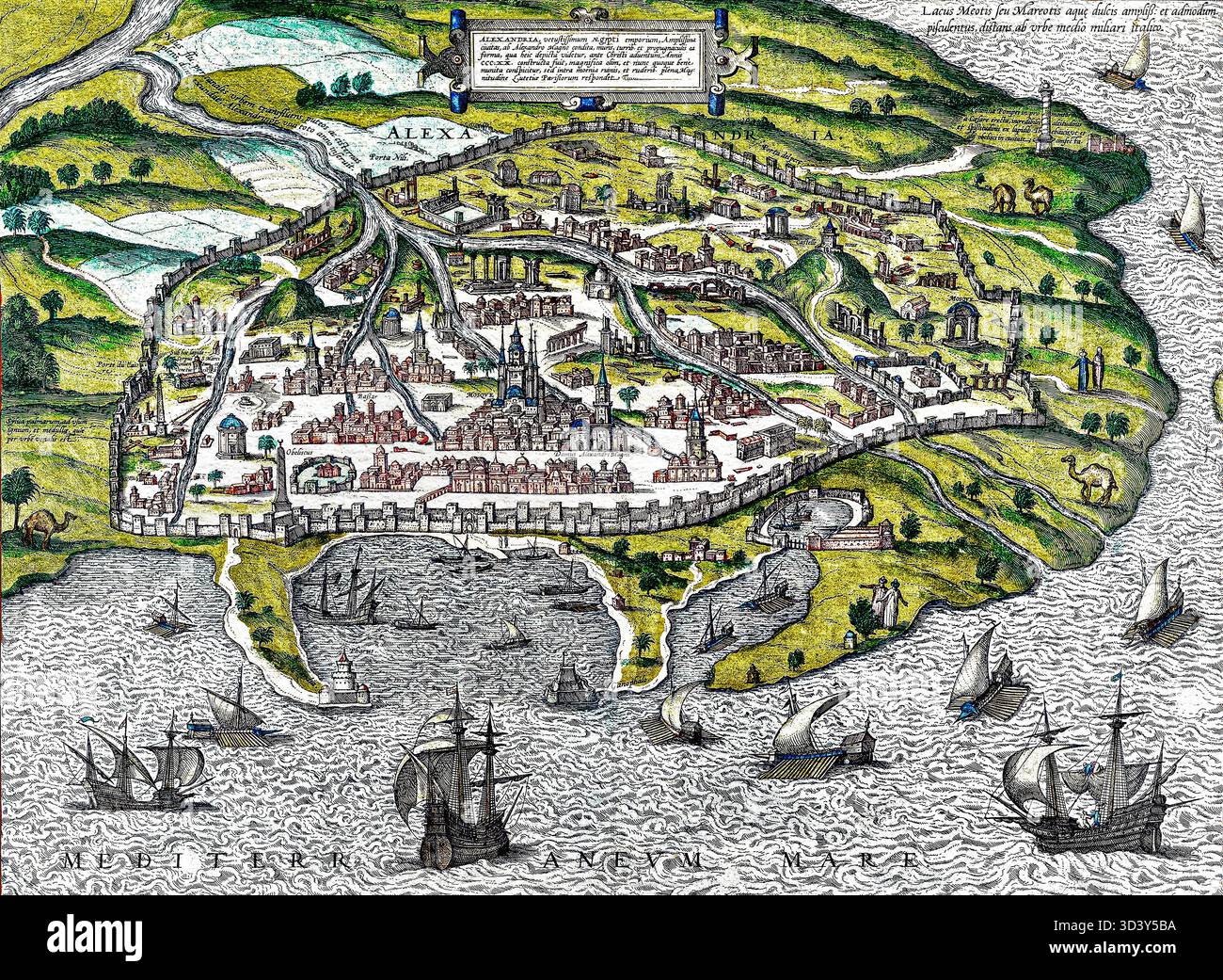 Mappa di Alessandria (1575) di Georg Braun – Mappa della città antica del XVI secolo, Egitto, cartografia urbana storica, dominio pubblico Foto Stock