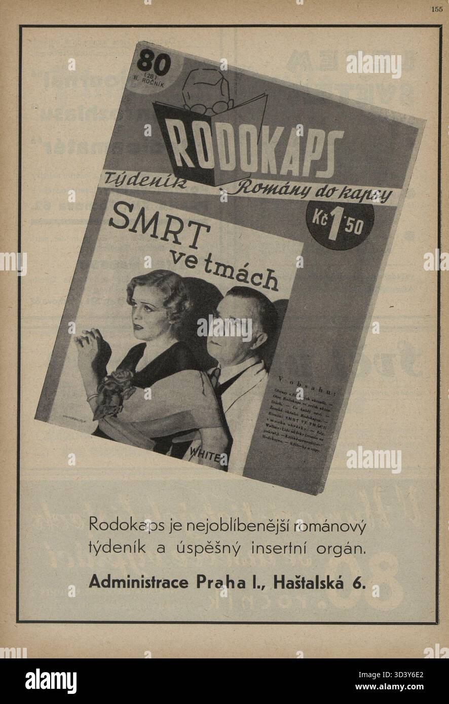 Questo annuncio del 1937 della rivista Rodokaps ne promuove la pubblicazione. Mostra il materiale promozionale utilizzato per pubblicizzare la letteratura popolare e le storie del tempo. Foto Stock