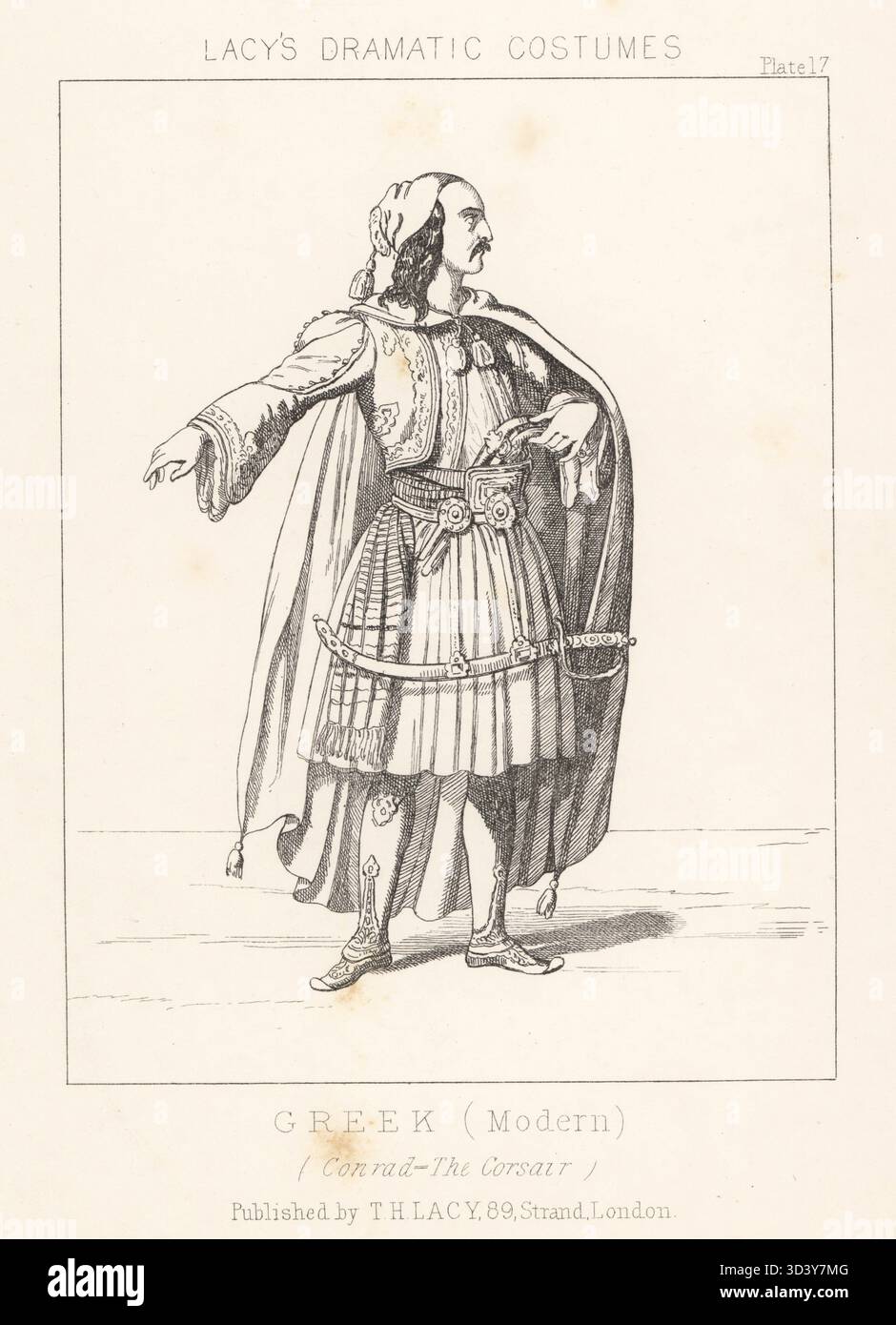 Mimo italiano e coreografo Domenico Segarelli nel ruolo di Conrad nel balletto di Joseph Mazilier le Corsaire, 1856. Costume di un uomo greco, XIX secolo. In berretto con nappina, mantello lungo, giacca, fustanella o kilt, armato di pistole e sciabola. Litografia dopo Alexandre Lacauchie da Thomas Hailes Lacy's male Costumes, Historical, National and Dramatic in 200 Plates, Londra, 1865. Lacy (1809-1873) è stato un attore, drammaturgo, direttore teatrale ed editore britannico. Foto Stock