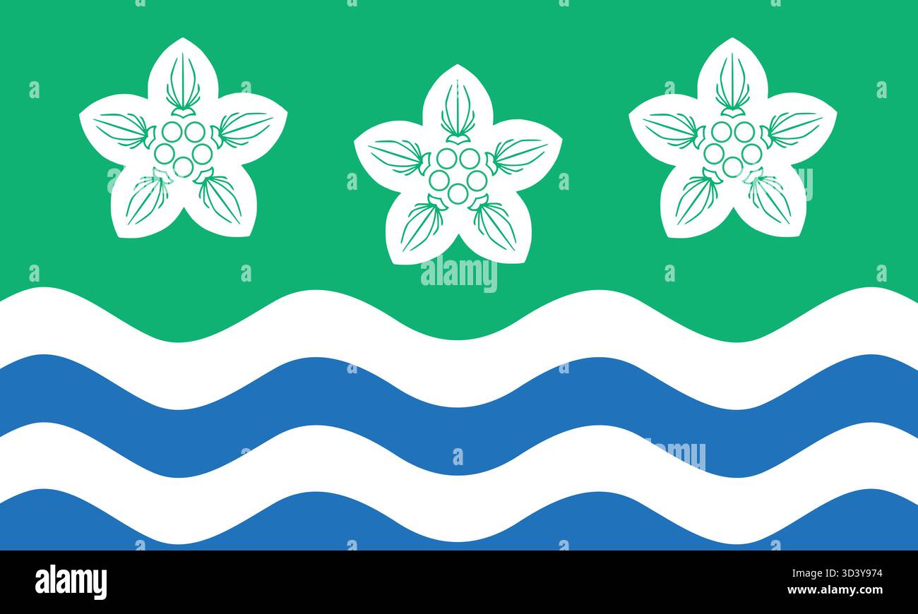 Bandiera di Cumberland, Regno Unito - Design ondulato blu e verde con carrucole papavero oro, simbolo del patrimonio della Cumbria e identità del Nord Illustrazione Vettoriale