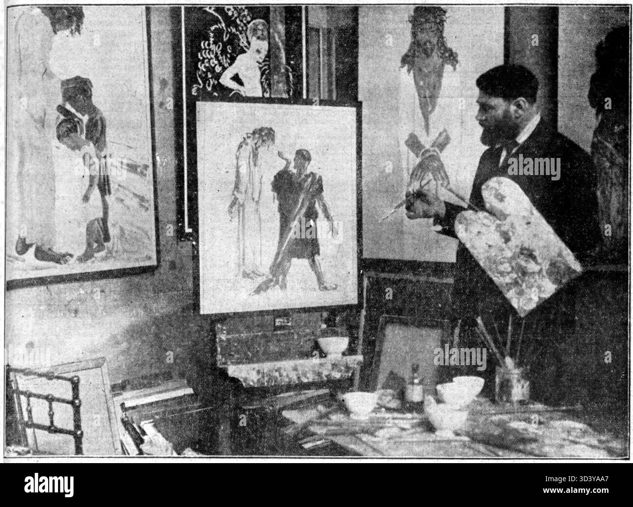 Leonid Sologoub, un pittore olandese di origine russa, è visto lavorare nel suo studio a l'Aia nel 1928. Conosciuto per i suoi ritratti e le sue opere espressioniste, Sologoub contribuì in modo significativo all'arte olandese. Foto Stock