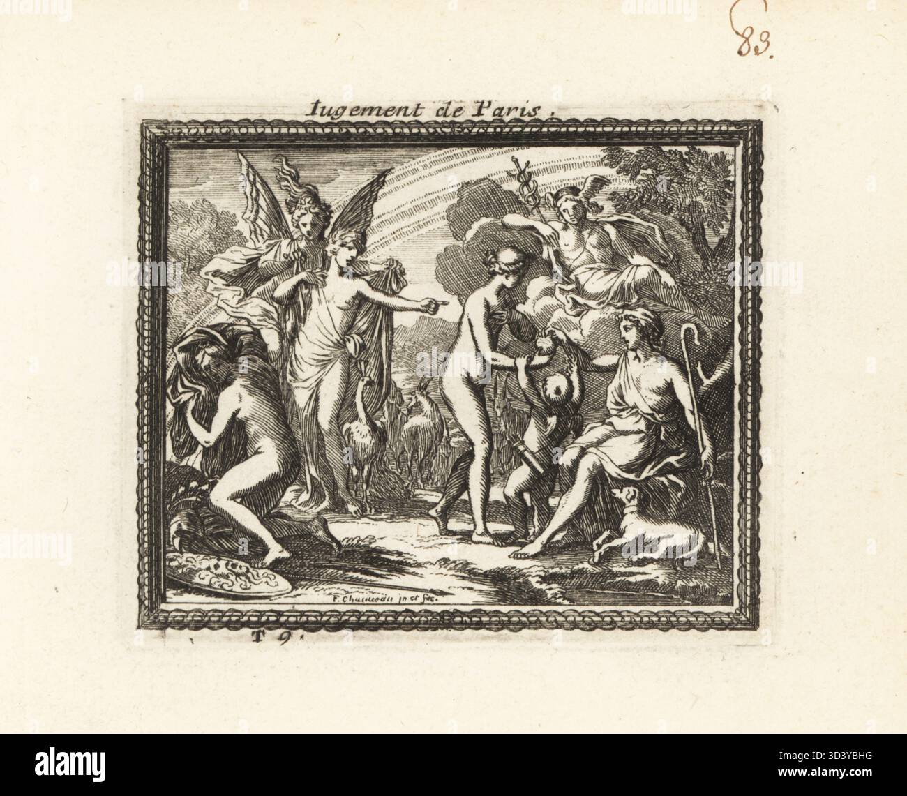 Il giudizio di Parigi. Il pastore troiano Parigi è costretto a giudicare un concorso di bellezza tra Giunone, Pallade e Venere. Parigi consegna una mela dorata a Venere e Cupido. Juno con la sua folla punta un dito, e Pallade con casco, scudo e lancia, si copre di un mantello. Mercurio con petasos alato e orologi caduceo da una nuvola. Jugement de Paris. Incisione Copperplate di Francois Chauveau da Metamorphoses d'Ovide en rondeaux, Metamorphoses di Ovidio, chez Audran, Parigi, 1676. Foto Stock