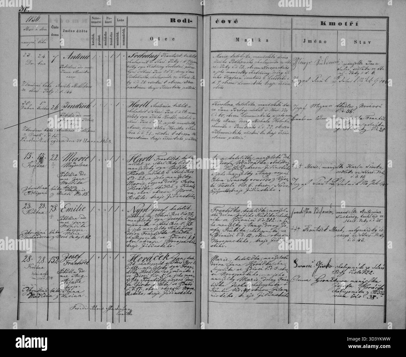 Un documento del 1856, firmato da Jindich Hartl, proveniente dagli archivi di SOA Zámrsk, che mostra i dati personali registrati nella regione di Stará Paka. Il documento offre uno sguardo storico sui documenti amministrativi del XIX secolo. Foto Stock